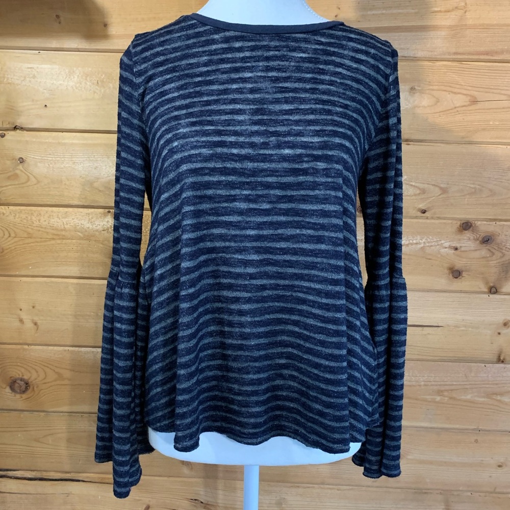 Velvet Black Grey‎ Striped Bell Flare  Sleeve Top Boho Made USA Cotton Oversized